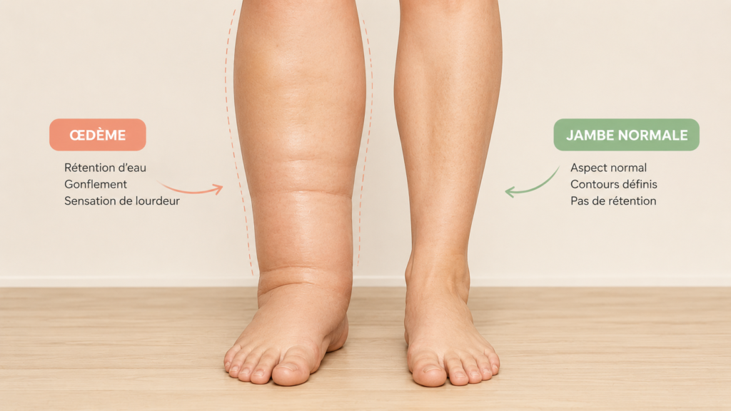 Soigner œdèmes Infographie comparant une jambe avec œdème (rétention d'eau, gonflement) et une jambe normale aux contours définis