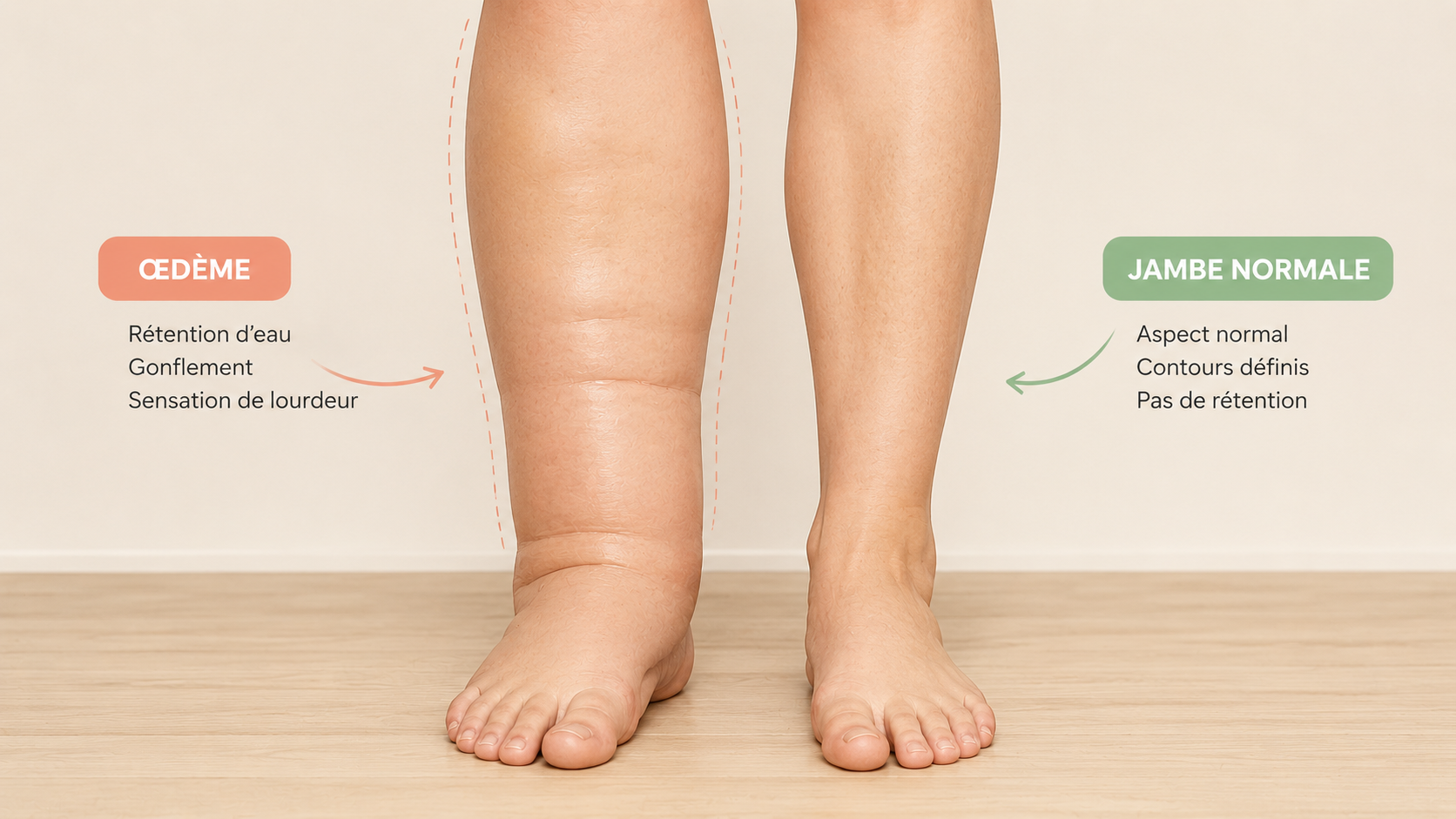 Infographie comparant une jambe avec œdème (rétention d'eau, gonflement) et une jambe normale aux contours définis