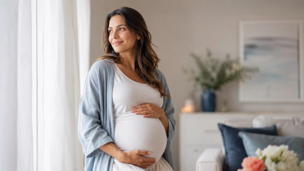 Accompagnement de l'accouchement et de la périnatalité Femme enceinte sereine tenant son ventre près d'une fenêtre, accompagnée en ostéopathie périnatale