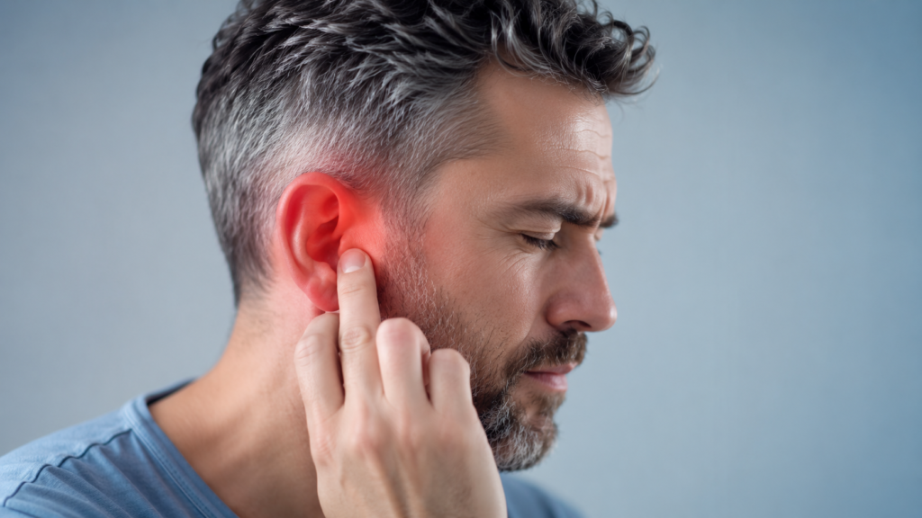 Soigner accouphenes Homme aux cheveux grisonnants portant un doigt à son oreille rougie et douloureuse, gêné par des acouphènes