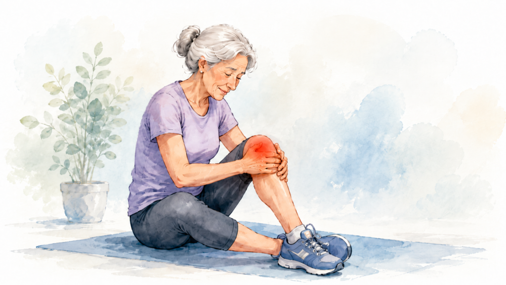 Soigner arthrose Illustration d'une femme âgée tenant son genou douloureux marqué en rouge, signe d'arthrose articulaire