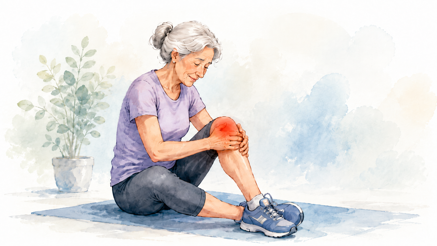 Illustration d'une femme âgée tenant son genou douloureux marqué en rouge, signe d'arthrose articulaire