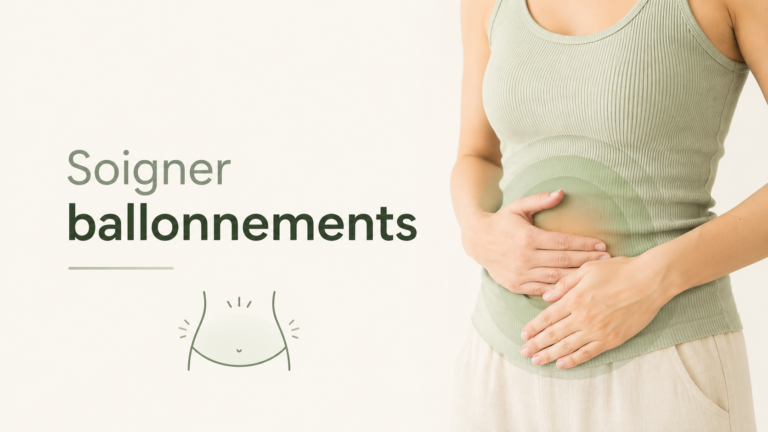 Femme en débardeur vert tenant son ventre gonflé des deux mains, illustrant des ballonnements abdominaux
