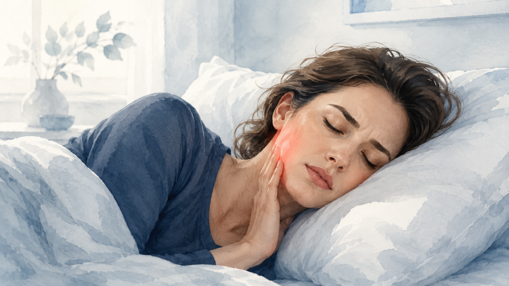 Soigner bruxisme (dents qui grincent) Illustration d'une femme endormie dans son lit tenant sa mâchoire douloureuse marquée en rouge, signe de bruxisme nocturne