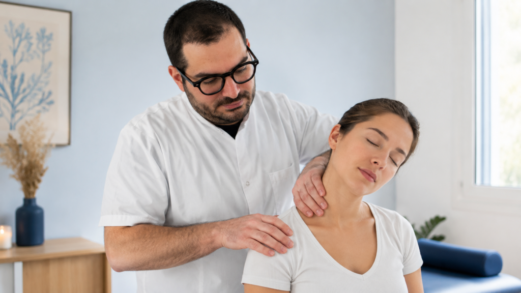 Soigner cervicalgie Ostéopathe en blouse blanche mobilisant le cou et la nuque d'une patiente assise, les yeux fermés