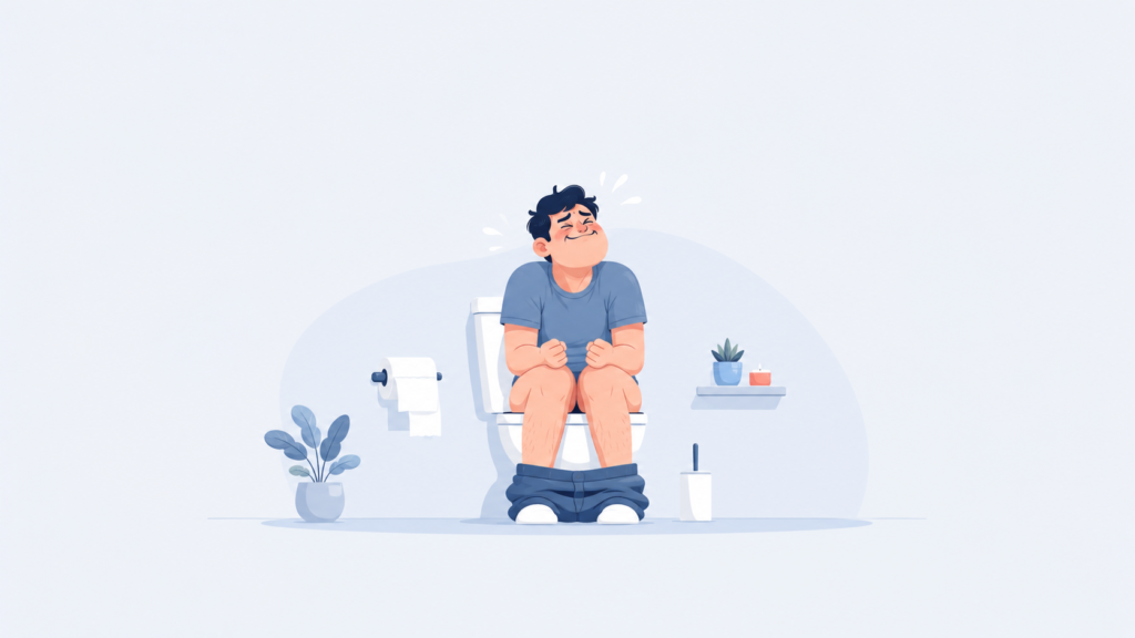Soigner constipation Illustration d'un homme assis aux toilettes, le visage crispé par l'effort, symbolisant la constipation