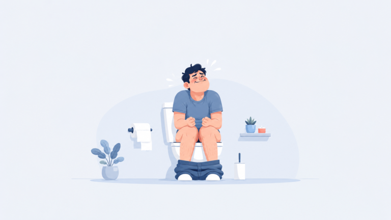 Illustration d'un homme assis aux toilettes, le visage crispé par l'effort, symbolisant la constipation