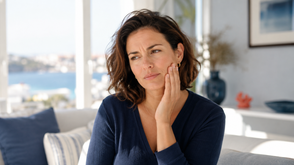 Soigner douleur de la mâchoire/mâchoire bloquée Femme tenant sa joue d'une main avec une expression de douleur, signe d'une mâchoire bloquée ou tendue