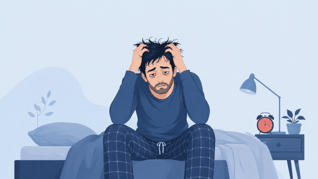 Soigner l'insomnie Illustration d'un homme fatigué assis sur son lit, la tête dans les mains, souffrant d'insomnie la nuit