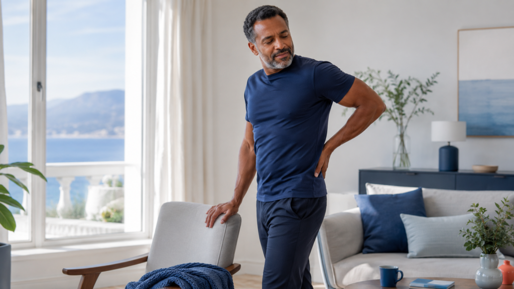Soigner lumbago Homme debout se tenant le bas du dos avec une grimace de douleur, devant une fenêtre avec vue sur la mer