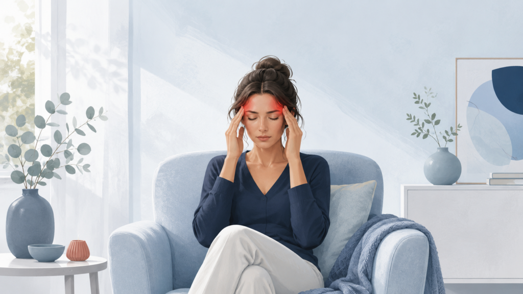 Soigner migraines Illustration d'une femme assise dans un fauteuil, les mains sur les tempes douloureuses en rouge, souffrant de migraine