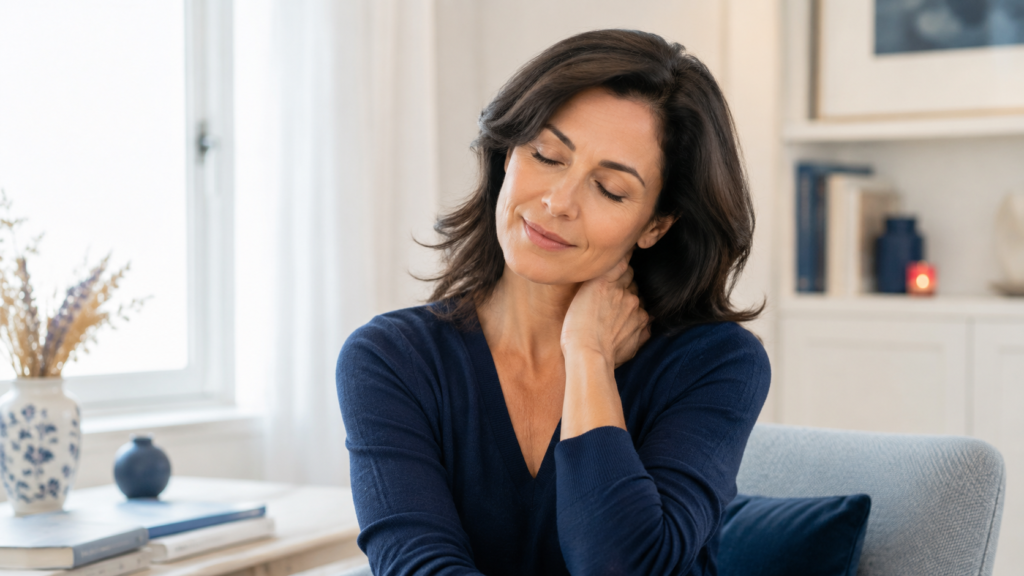 Soigner névralgie Femme assise se massant la nuque et le cou les yeux fermés, soulageant une douleur nerveuse cervicale