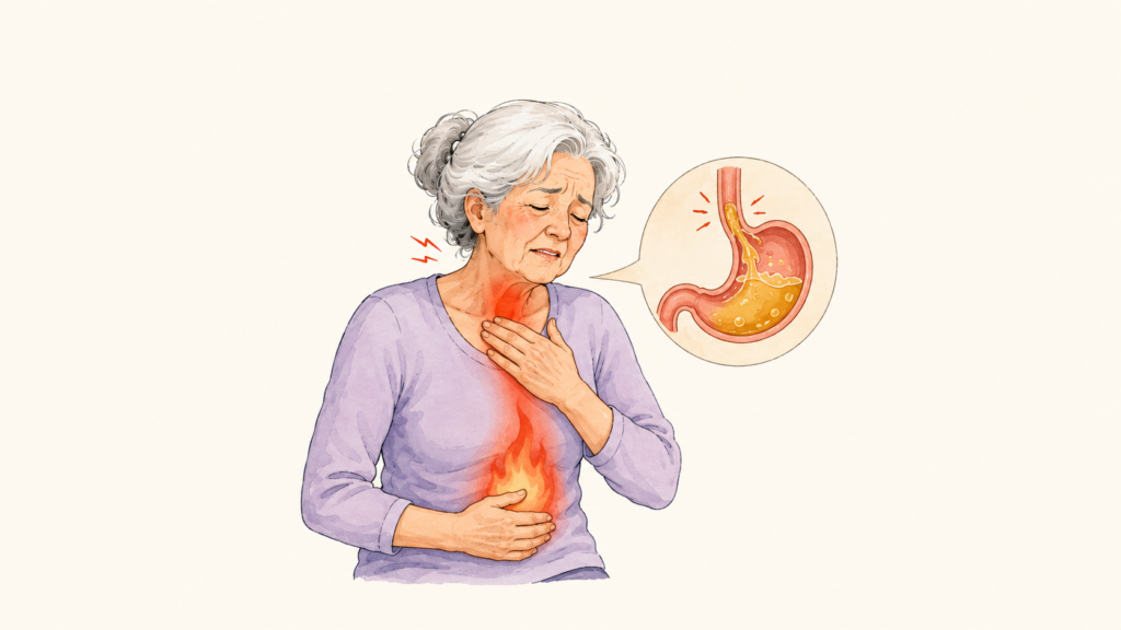 Soigner reflux gastrique Illustration d'une femme âgée portant la main à sa poitrine, brûlure de l'œsophage symbolisée par une flamme et schéma de l'estomac