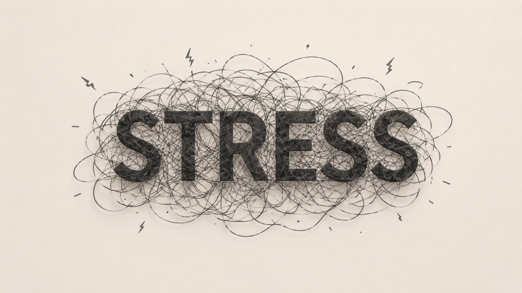 Soigner les stress Mot « STRESS » entouré de gribouillis enchevêtrés et d'éclairs, illustrant l'anxiété et la tension nerveuse