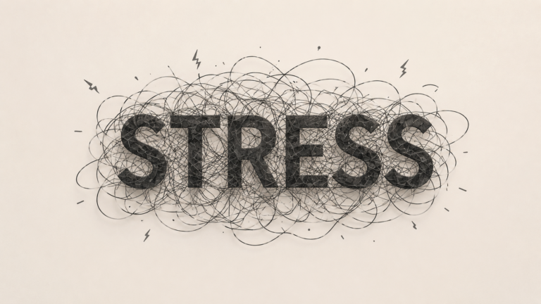 Mot « STRESS » entouré de gribouillis enchevêtrés et d'éclairs, illustrant l'anxiété et la tension nerveuse