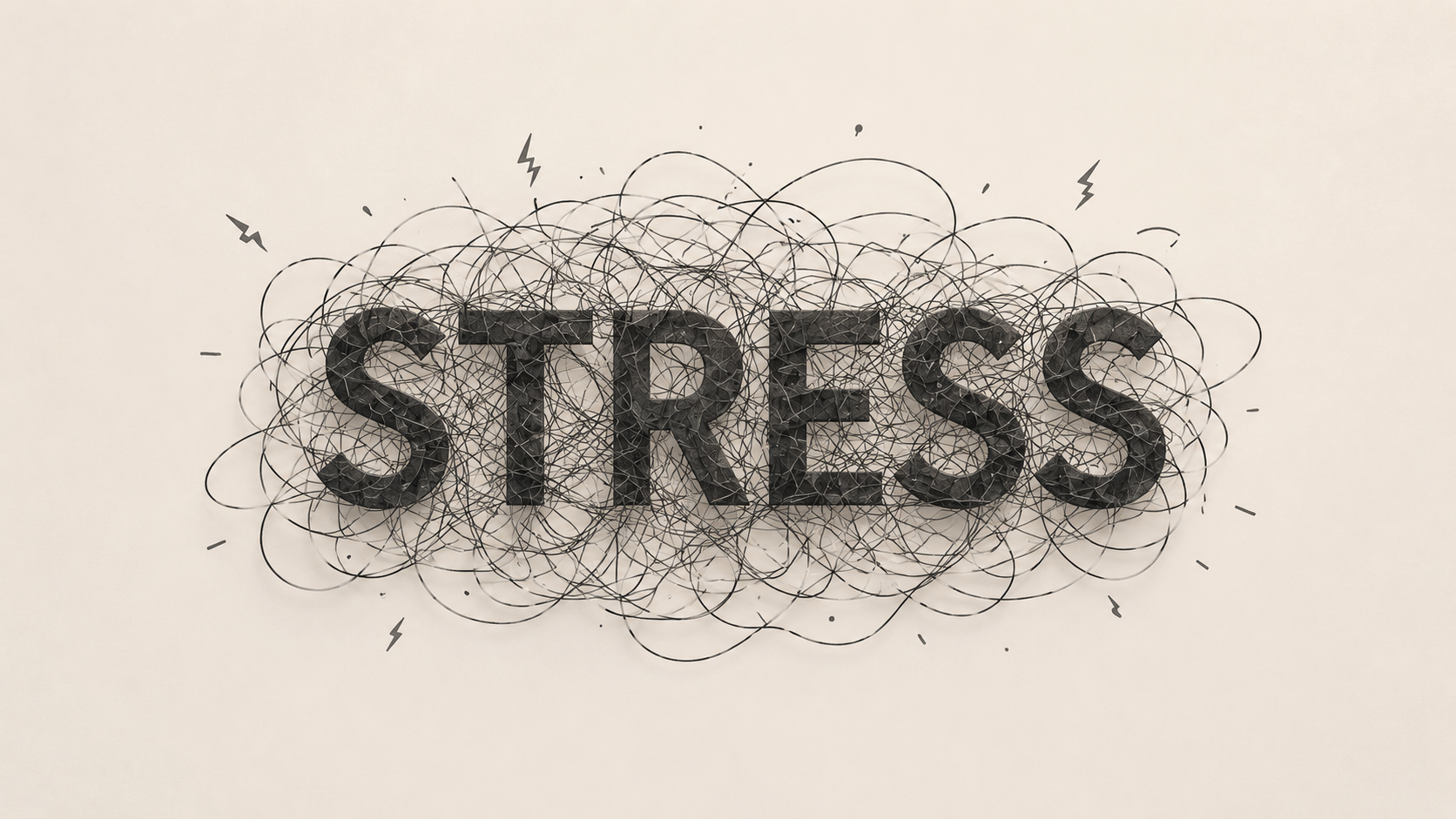 Mot « STRESS » entouré de gribouillis enchevêtrés et d'éclairs, illustrant l'anxiété et la tension nerveuse