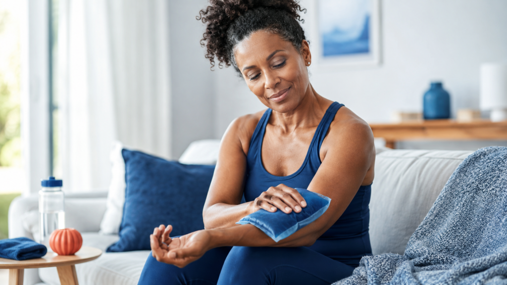 Soigner tendinite Femme en tenue de sport appliquant une poche de froid sur son coude douloureux, assise sur un canapé