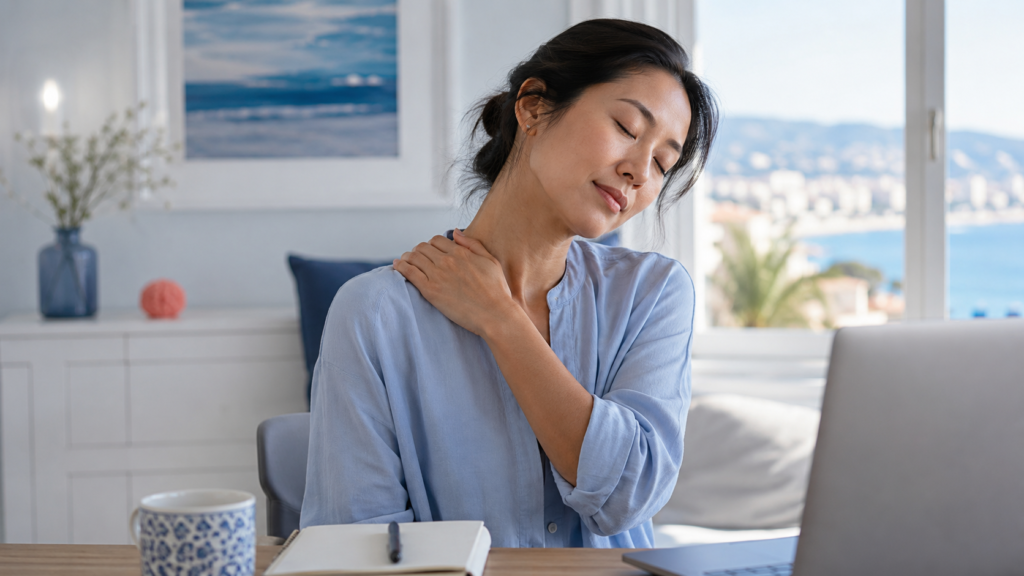 Soigner trapezalgie Femme à son bureau se tenant le haut de l'épaule, signe d'une douleur au trapèze liée au travail sur ordinateur
