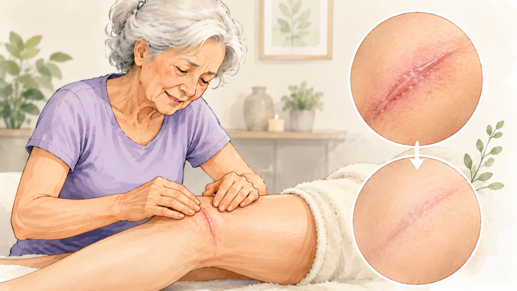Travail sur les cicatrices Illustration d'une femme massant une cicatrice sur son genou, avec zoom avant-après montrant l'atténuation de la cicatrice