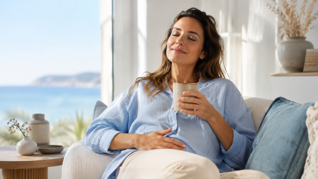 Femme détendue sur un canapé, main posée sur le ventre et tasse chaude, apaisant son syndrome prémenstruel