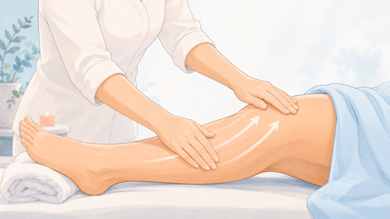 Praticienne réalisant un drainage lymphatique manuel sur la jambe d'une patiente allongée, mouvements remontants