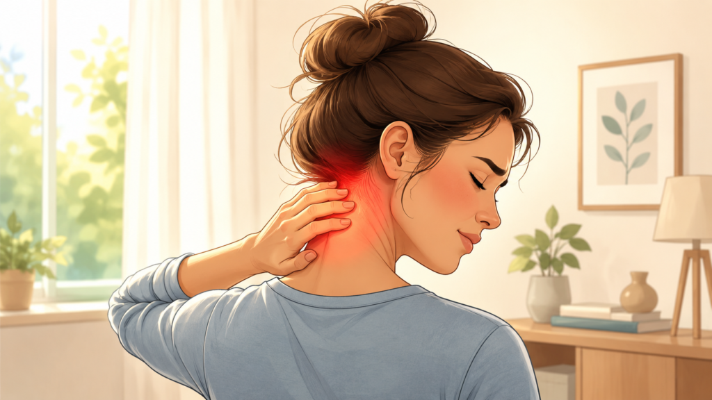 Femme se tenant la nuque, zone cervicale marquée en rouge pour signaler une tension à l'origine de maux de tête