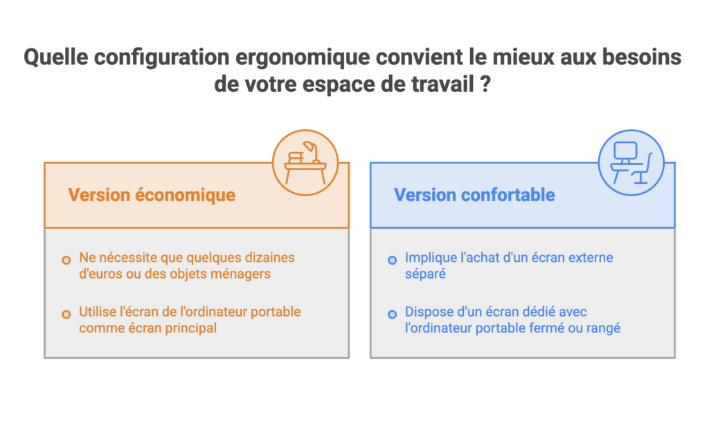 Mal de nuque et ordinateur portable : le vrai problème du télétravail Comparatif de deux postes en télétravail : version économique gardant l'écran du portable, version confortable avec écran externe séparé