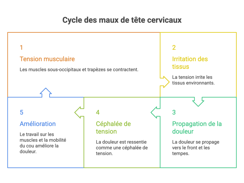 Schéma du cycle des maux de tête d'origine cervicale : tension musculaire, irritation, propagation de la douleur puis amélioration par le travail du cou