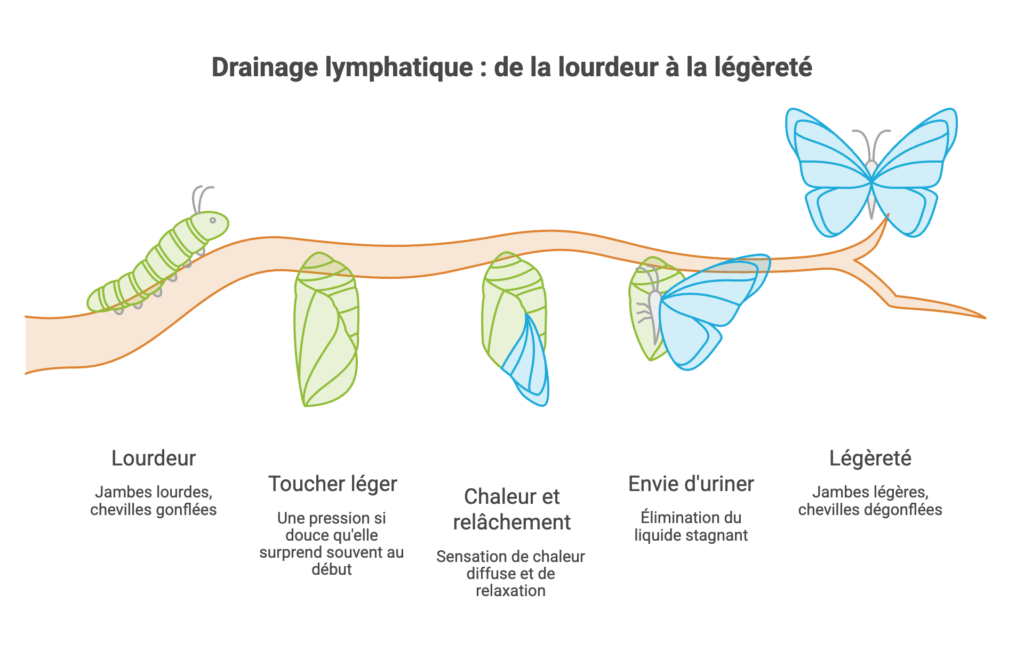 Drainage lymphatique : est-ce que ça fait mal ? Étapes d'une séance de drainage lymphatique : jambes lourdes, mouvements lents, sensation de chaleur, élimination du liquide puis jambes plus légères