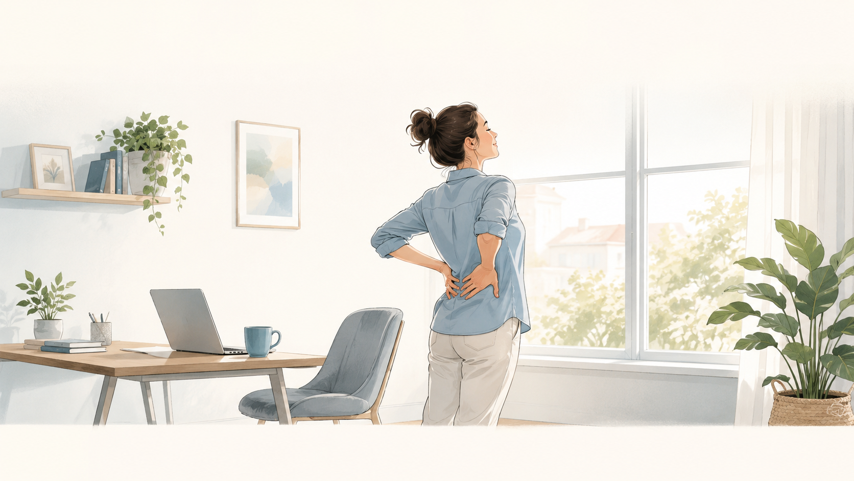 Femme en télétravail se levant de son bureau, une main dans le bas du dos, pour soulager une raideur