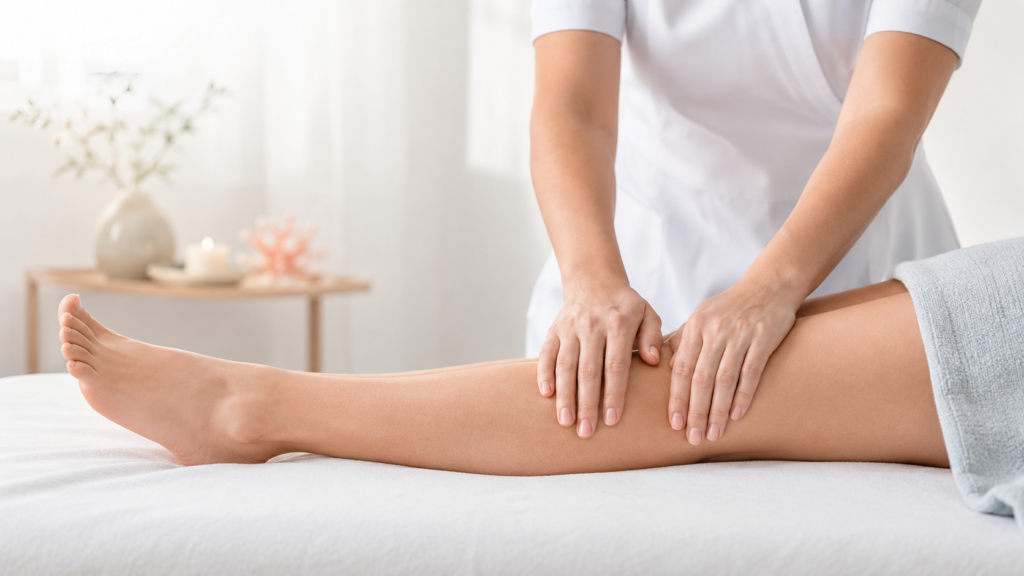 Drainage lymphatique : est-ce que ça fait mal ? Praticienne réalisant un drainage lymphatique manuel sur le mollet d'une patiente allongée, pression légère des mains à plat