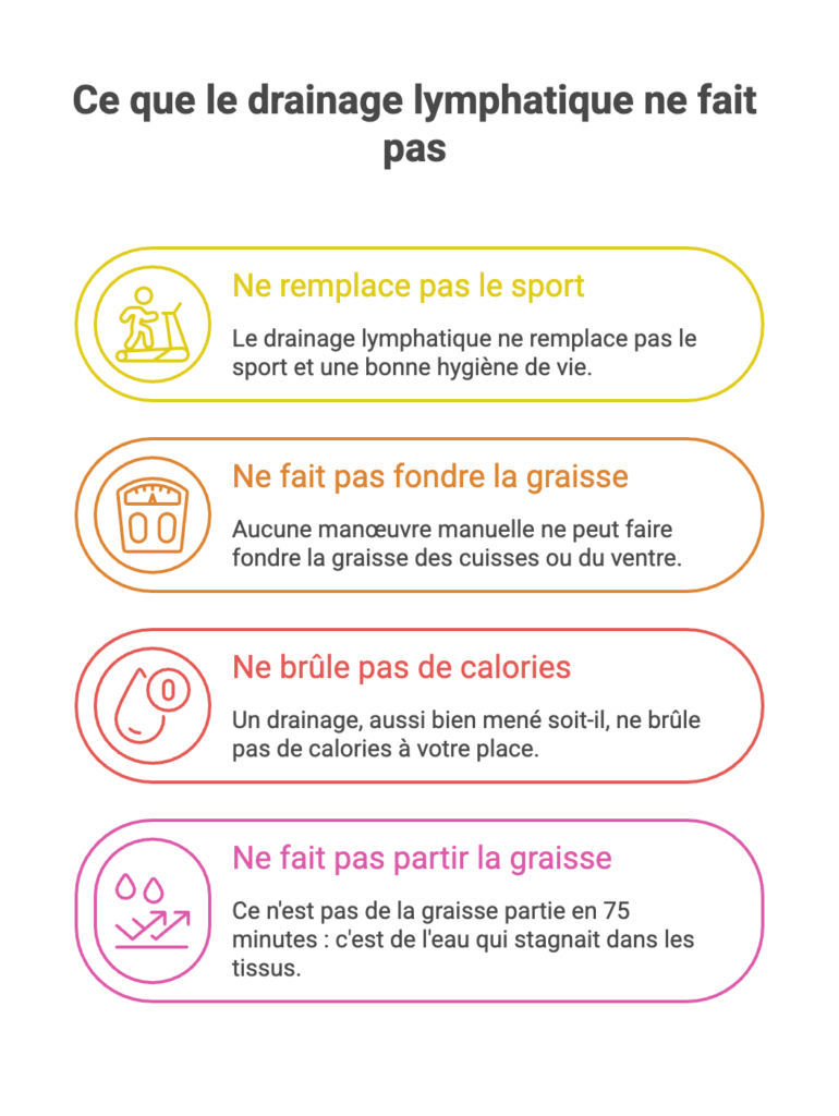 Le drainage lymphatique fait-il maigrir ? Infographie rappelant ce que le drainage lymphatique ne fait pas : ne remplace pas le sport, ne fait pas fondre la graisse ni brûler de calories