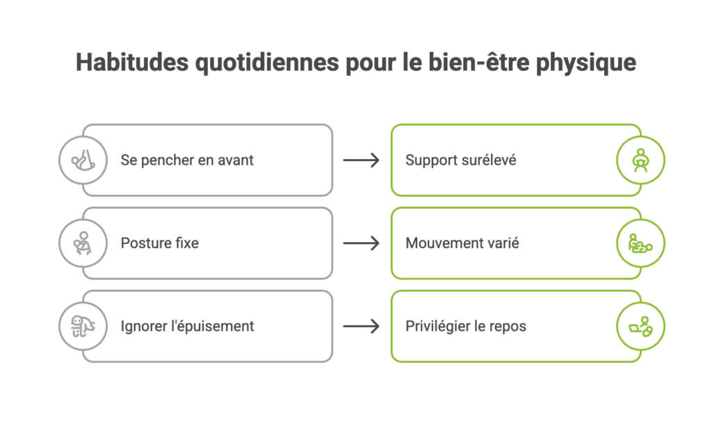 Comparatif d'habitudes du quotidien après l'accouchement : remplacer se pencher, posture fixe et épuisement par support surélevé, mouvement et repos