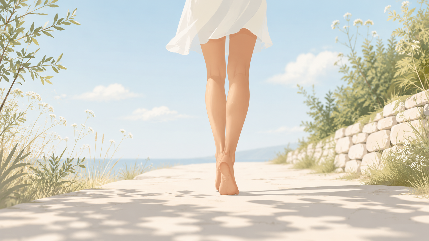 Jambes fines d'une femme en robe blanche marchant sur un chemin ensoleillé au bord de mer