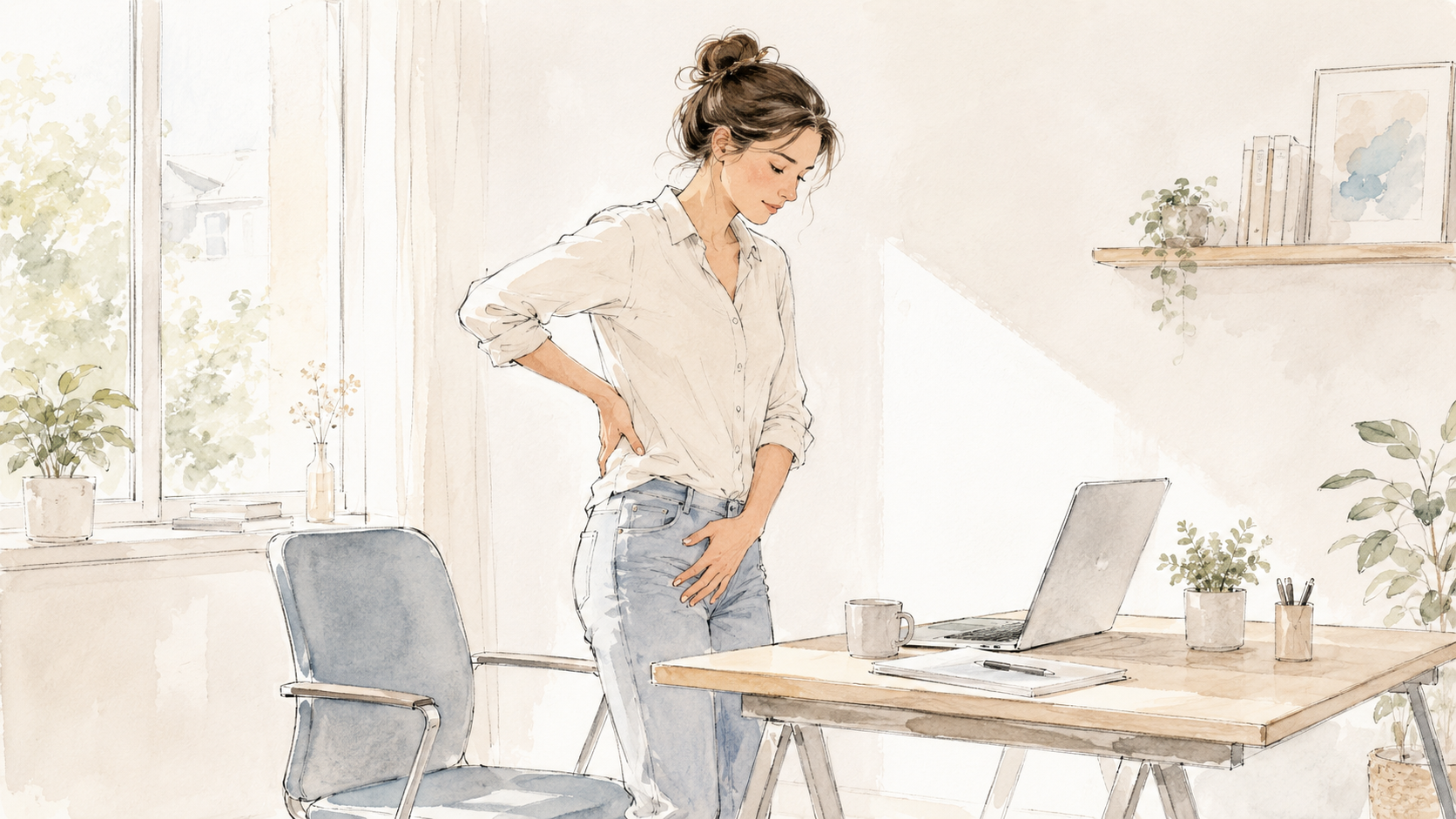 Femme se levant de son bureau, une main sur le bas du dos et l'autre sur la hanche, signe de raideur après une position assise prolongée