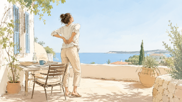 Femme debout sur une terrasse ensoleillée face à la mer, une main dans le bas du dos douloureux