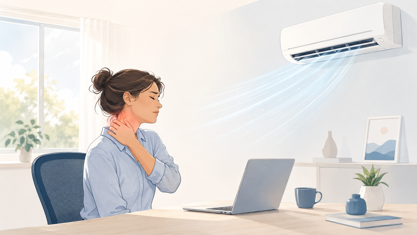 Femme à son bureau se tenant la nuque douloureuse sous le souffle d'un climatiseur mural