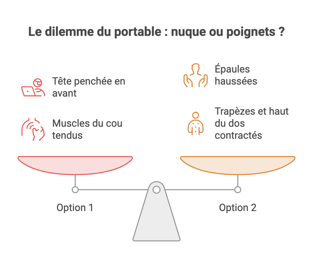 Mal de nuque et ordinateur portable : le vrai problème du télétravail Balance illustrant le compromis postural du portable : tête penchée et cou tendu d'un côté, épaules haussées et trapèzes contractés de l'autre