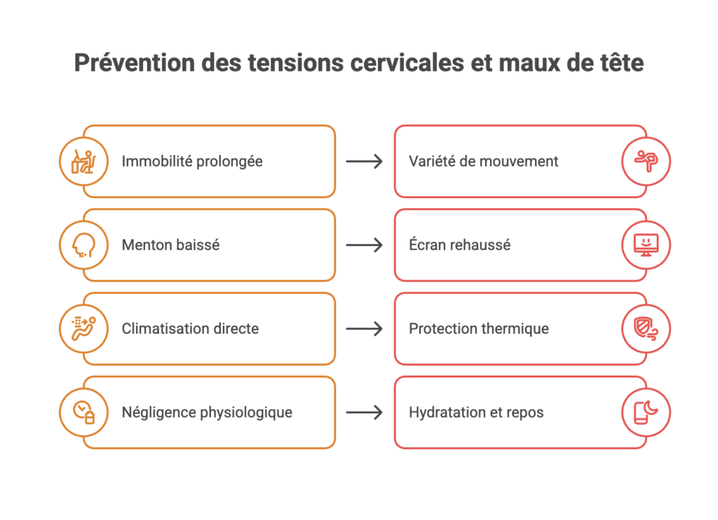 Comparatif prévention des tensions cervicales : remplacer immobilité, menton baissé et climatisation directe par mouvement, écran rehaussé et protection