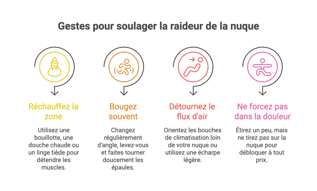 Mal de nuque et climatisation : pourquoi ça coince en été Quatre gestes pour soulager une raideur de la nuque : réchauffer la zone, bouger souvent, détourner le flux d'air et ne pas forcer