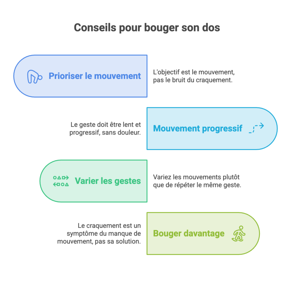 Se faire craquer le dos soi-même : est-ce vraiment risqué ? Quatre conseils pour bouger son dos : viser le mouvement plutôt que le bruit, aller lentement, varier les gestes et bouger plus souvent