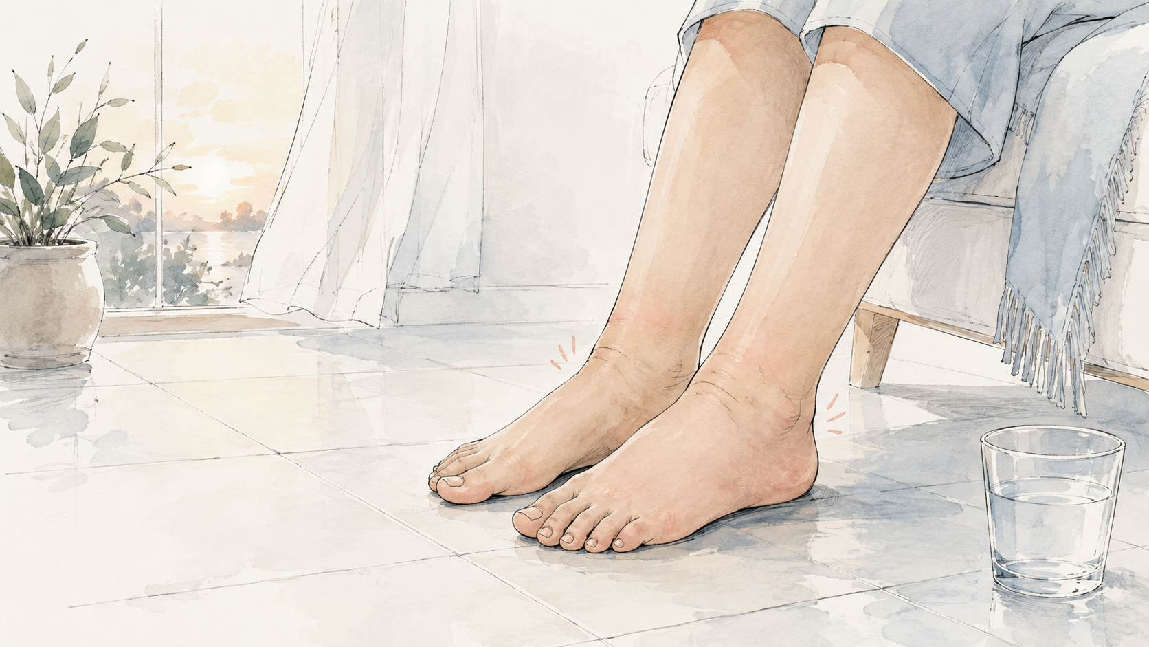 Pieds et chevilles gonflés posés au sol dans un intérieur clair par temps chaud, verre d'eau à côté