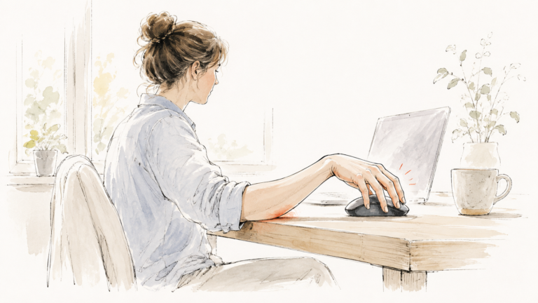 Femme en télétravail la main posée sur une souris, fourmillements signalés au bout des doigts et au poignet