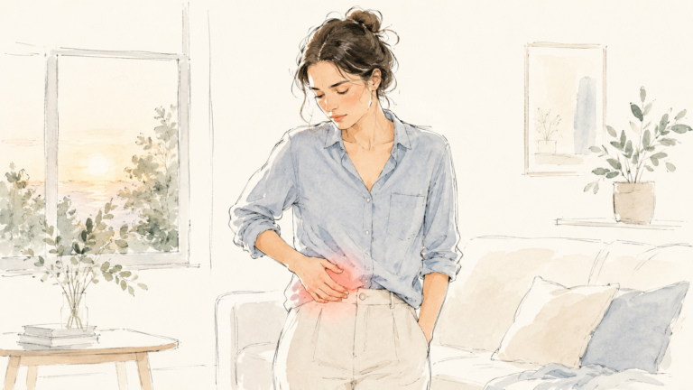 Douleur au milieu du cycle : et si c'était l'ovulation ? Femme debout dans son salon, une main sur le bas-ventre, ressentant une douleur latéralisée