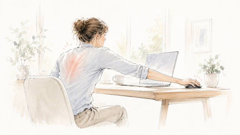 Femme à son bureau tendant le bras vers une souris éloignée, douleur signalée entre les omoplates