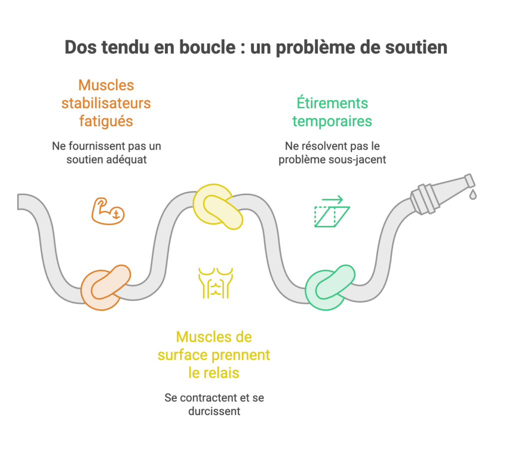 Schéma expliquant pourquoi le dos reste tendu : les muscles stabilisateurs fatigués laissent les muscles de surface se contracter, et les étirements ne règlent que temporairement