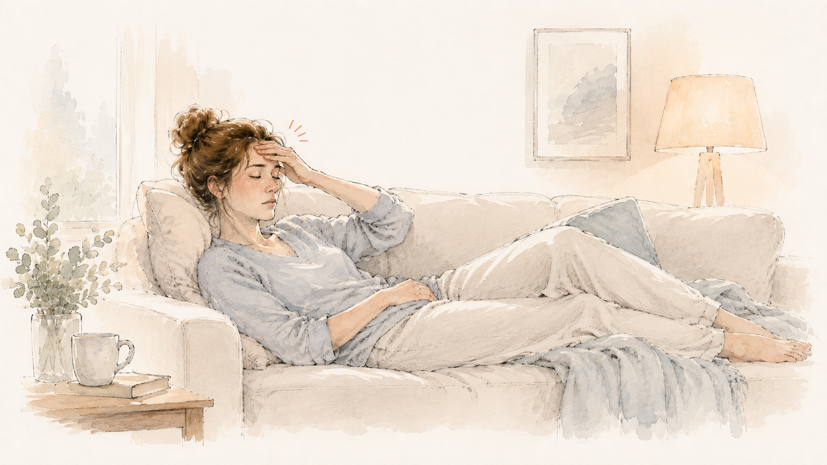 Femme allongée sur un canapé, une main sur le front, souffrant d'une migraine dans une pièce à lumière tamisée