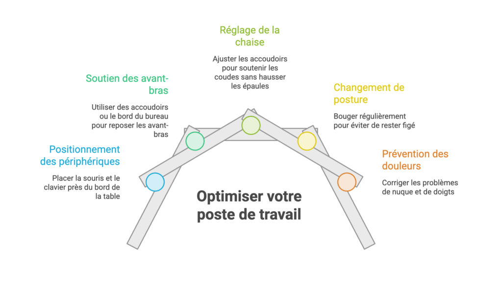 Cinq ajustements du poste de travail : rapprocher souris et clavier, soutenir les avant-bras, régler les accoudoirs, changer de posture et prévenir les douleurs associées