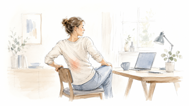 Femme assise à son bureau se tordant le buste en s'appuyant sur le dossier de sa chaise, zone lombaire sensible