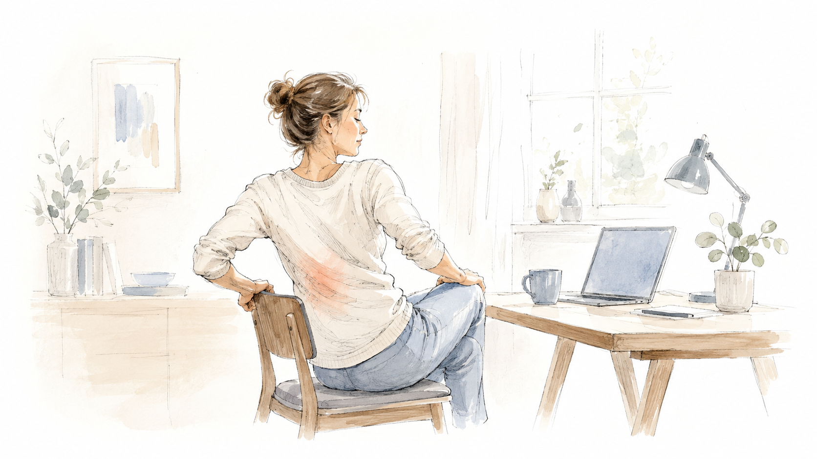 Femme assise à son bureau se tordant le buste en s'appuyant sur le dossier de sa chaise, zone lombaire sensible